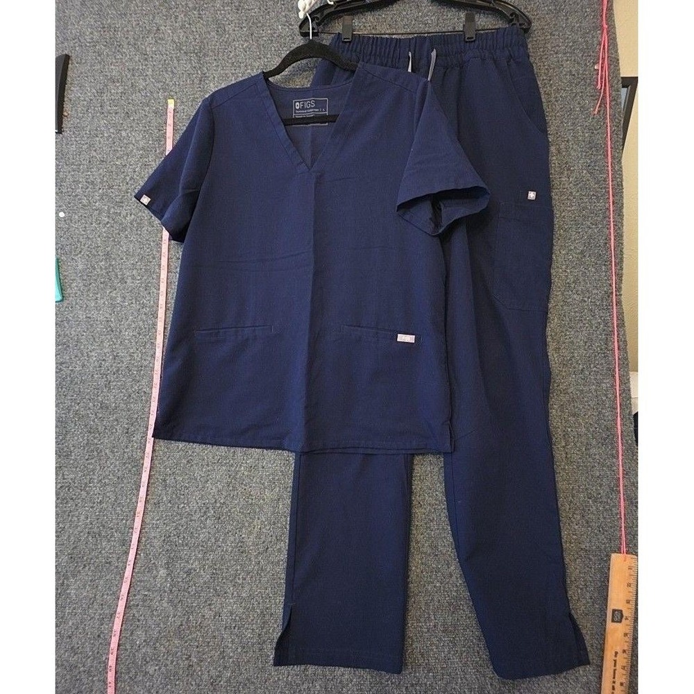 Figs Technical Scrub Set Womens L Tall Blue V Neck Top Drawstring Pants Pockets